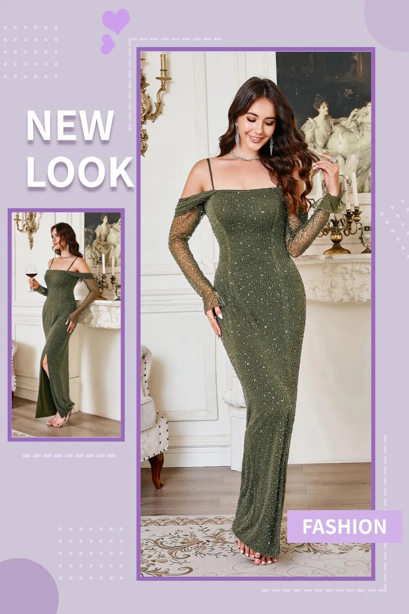 

MISICHAO Оливково-зеленое платье с открытыми плечами и пайетками с длинными рукавами, облегающее платье макси на бретельках с разрезом для выпускного вечера, вечера