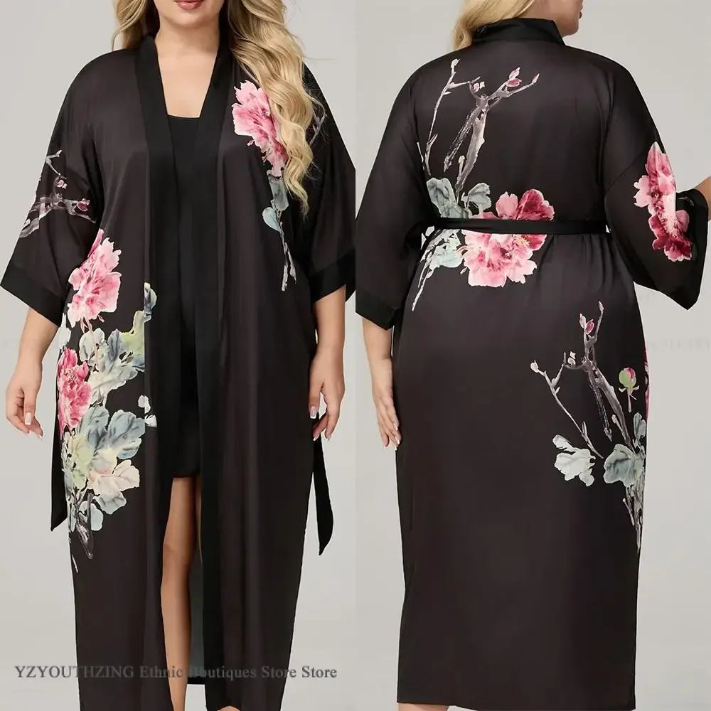

Женский длинный халат с цветочным принтом, ночная рубашка, комплект размера плюс, шелковый атласный халат, кимоно, одежда для сна, свободное повседневное домашнее платье, нижнее белье