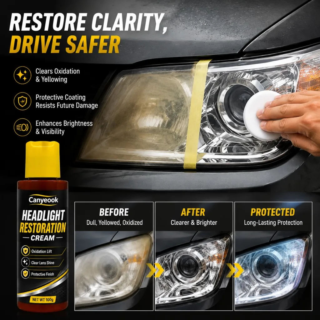 CANYEOOK Headlight Restoration Cream 100g Remove Oxidation Yellowing Haze Restore Clarity UV Protection for Car Lens