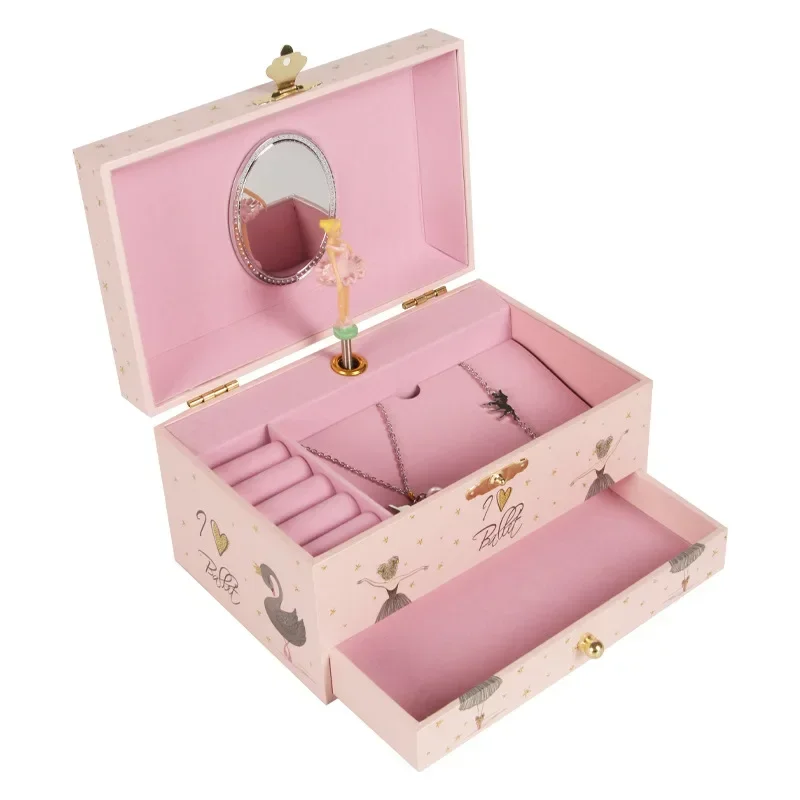 7-inch Black Swan Ballet Music Box Drawer Jewelry Storage Octopath Box Makeup Mirror Christmas Gift for Wife and Daughter