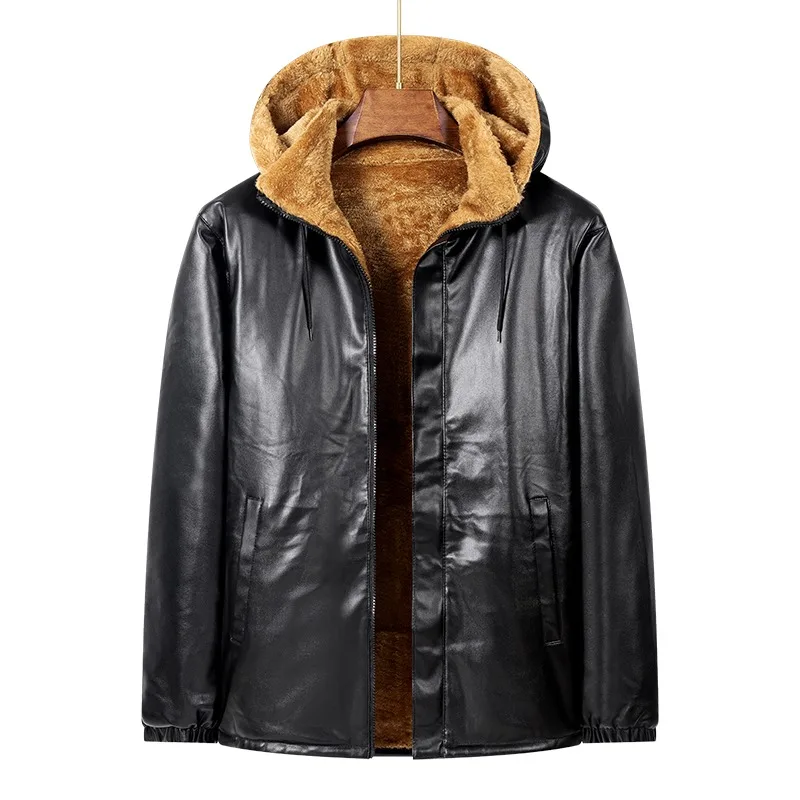 

Men's Autumn and Winter Solid Color Pu Leather Jacket Hooded Casual Velvet Warm Coat Top