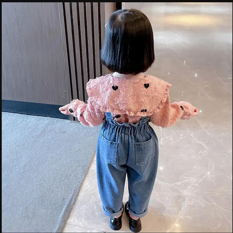 Children Girls Polka Dot Shirt + Denim Overalls Pants Suit Spring 2023 New Autumn  Baby Kids Girl Two-piece Clothing Set