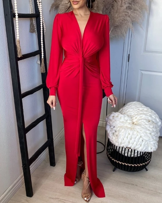 2024 Early Spring Women Red Long Dress New Fahsion Deep V-Neck One Shoulder Medium Length Red Gradient Bubble Sleeve Party Dress