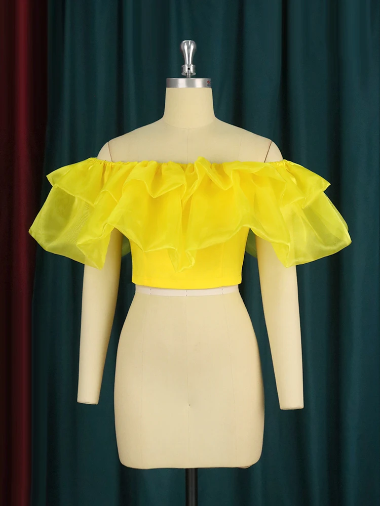 Women Blouses Off Shoulder Ruffles Pleated Yellow Summer Bright Shirt Tops Classy Elegant Lady Fashion Female African Bluas 2022