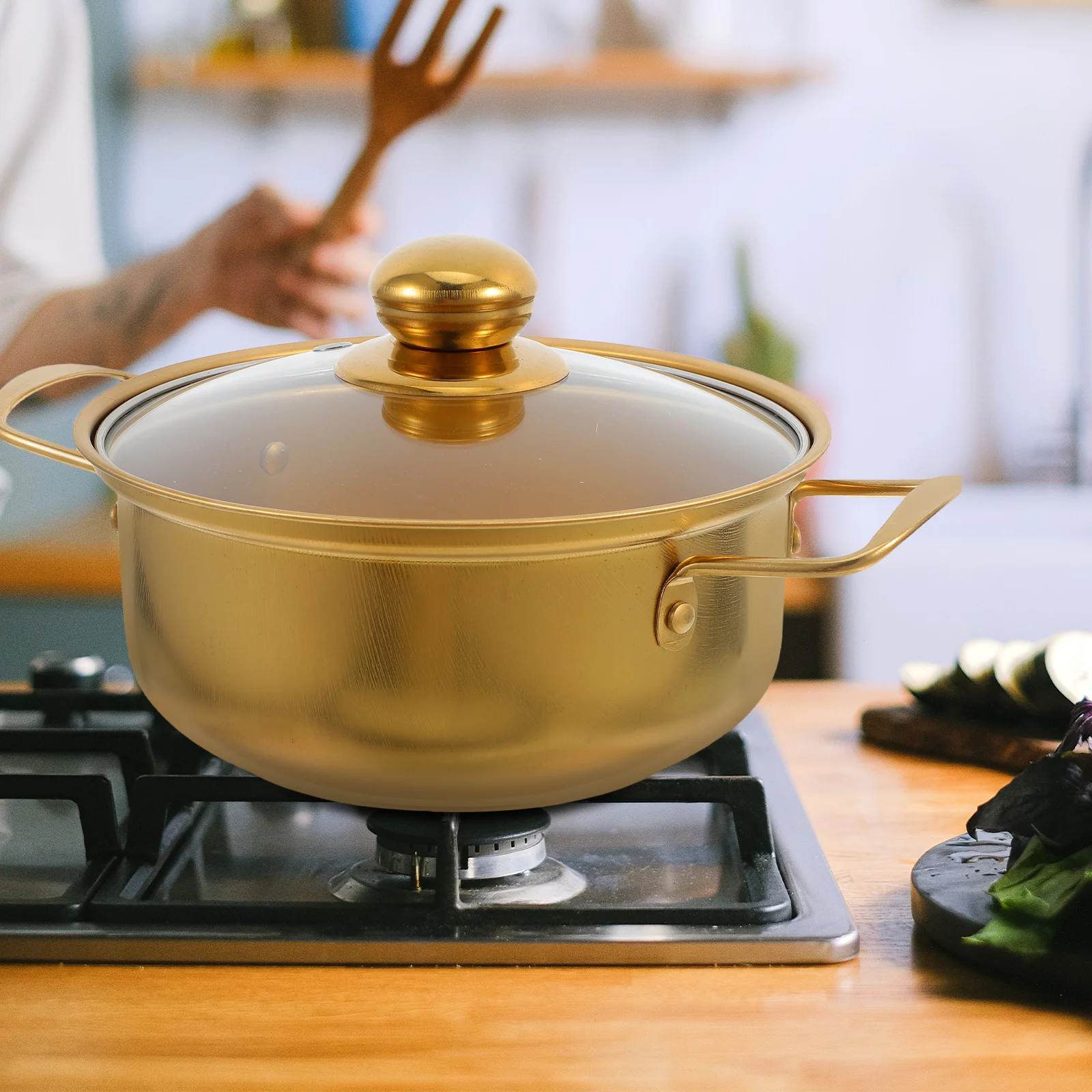 

Stainless Steel Soup Pot Golden Small Double Handle Cooking Induction Ramen Korean Noodle Pot Glass Cover Cooking Pots