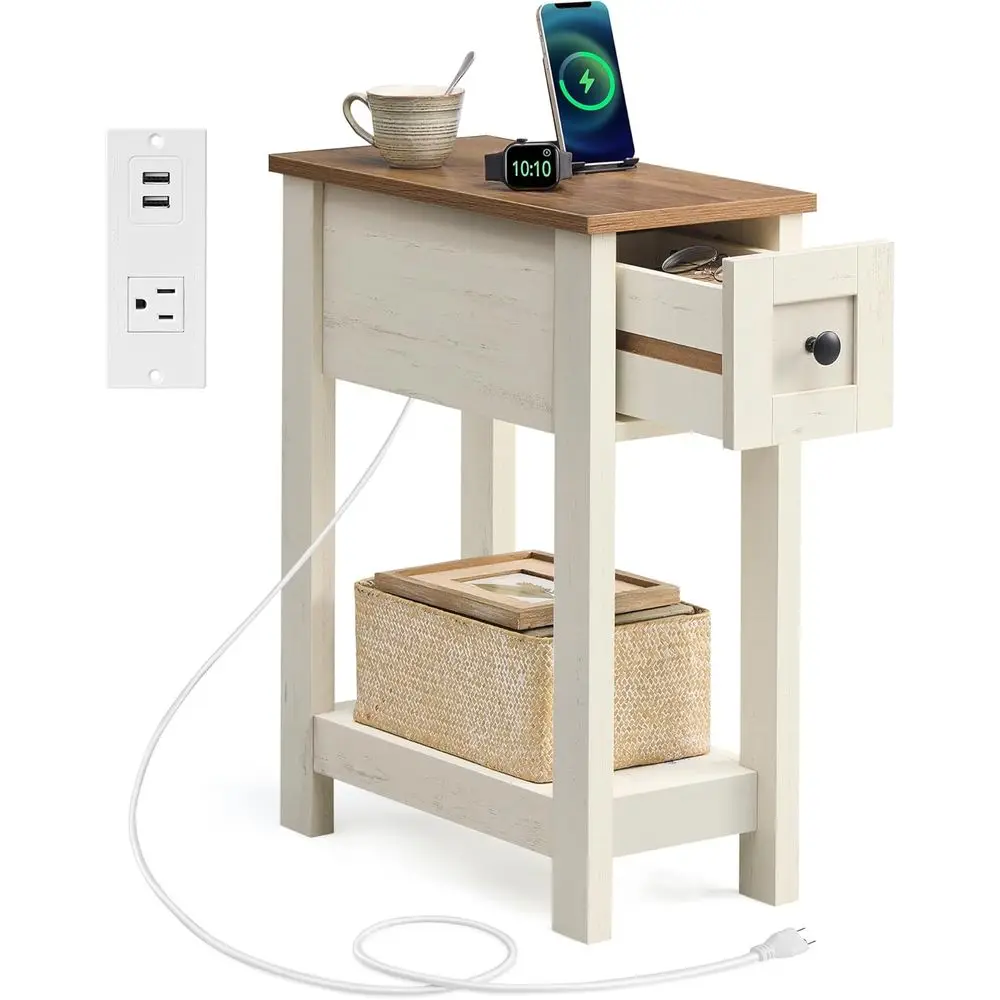 

Элегантный приставной столик для хранения вещей, тонкий боковой столик с функцией зарядки, прикроватная тумбочка, простая сборка, подходит для гостиной или спальни, Espres