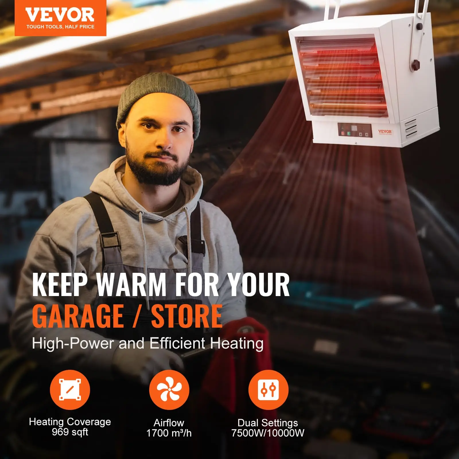 Electric Garage Heater, 10000 Watt Digital Fan Forced Wall Ceiling Mount Shop Heater, Remote Control, Overheat