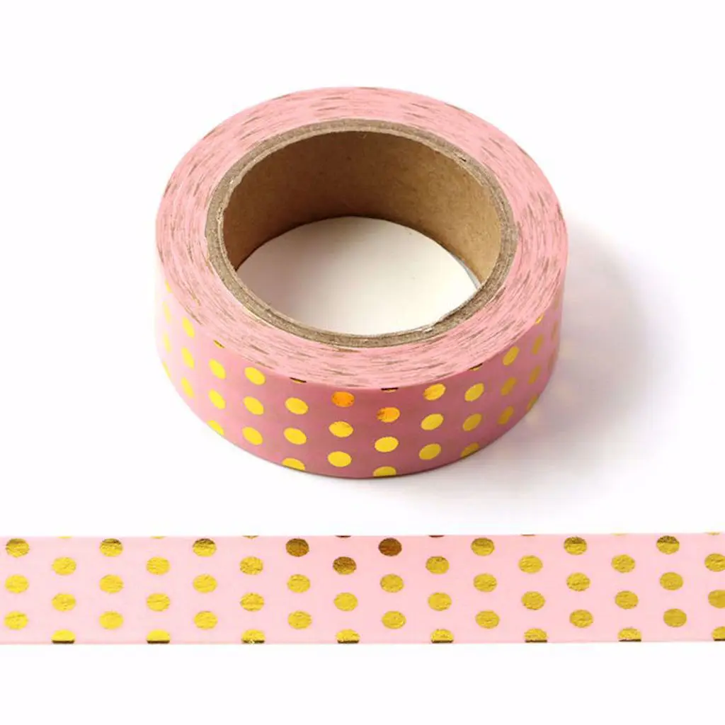 15mmx10m Superior Beautiful Bright Pink Washi Tape With Gold Foil Polka Dot Pattern Scrapbooking School Stationery Masking Tape