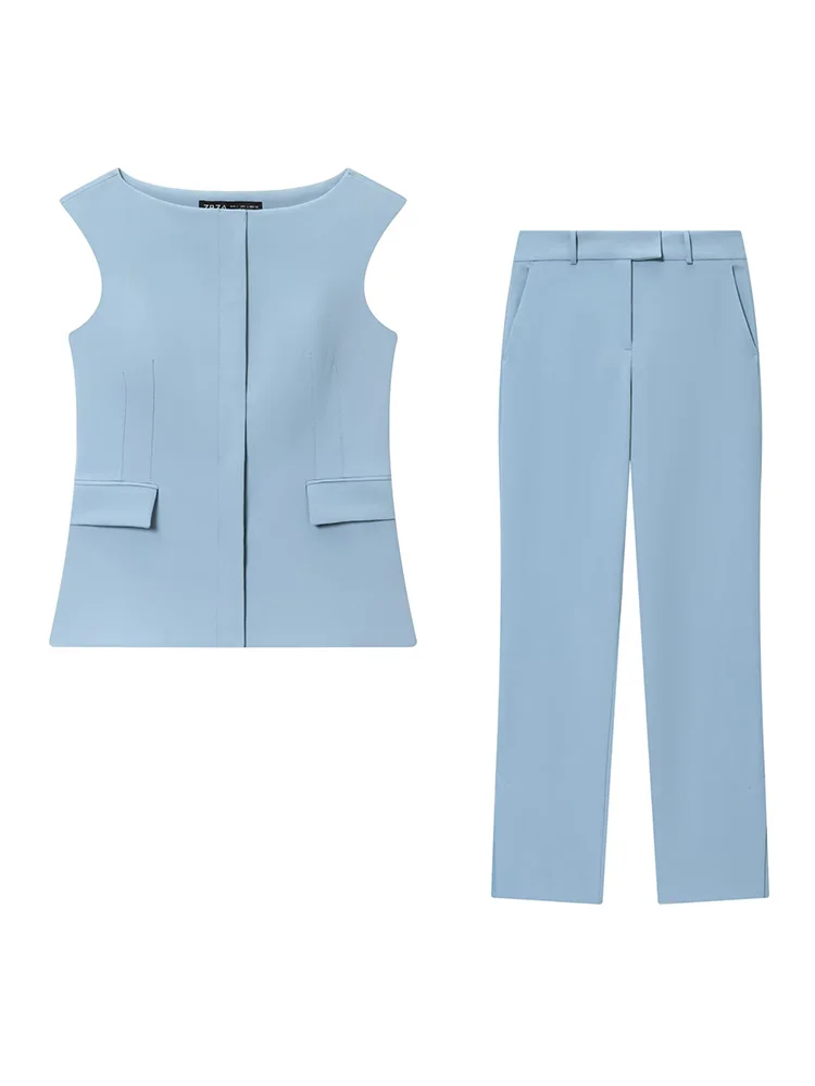 

HH женский однотонный свободный брючный костюм без рукавов жилет с одним вырезом + осенние расклешенные брюки с боковыми разрезами и карманами, прямые расклешенные брюки на пуговицах с высокой талией