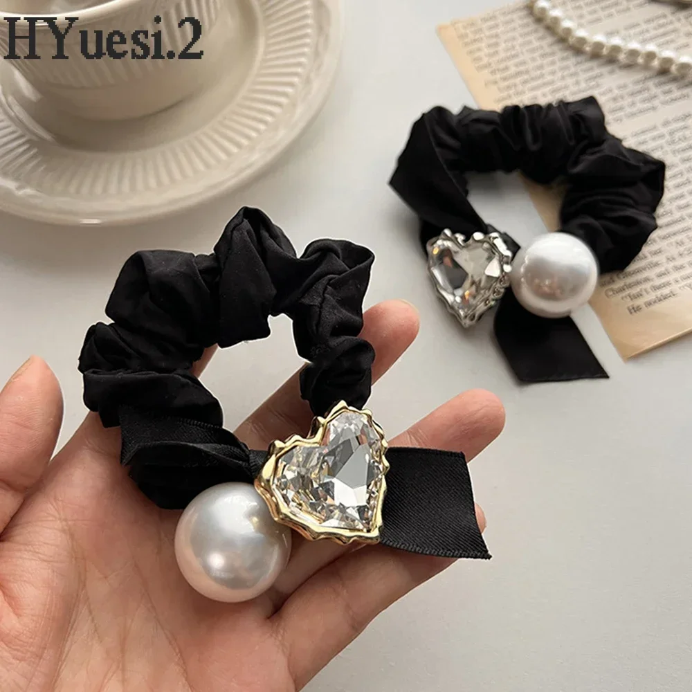 Luxury Zircon Heart Hair Ties Ropes High Elastic Big Pearl Ponytail Holder Scrunchies With Bowknot For Women Girls