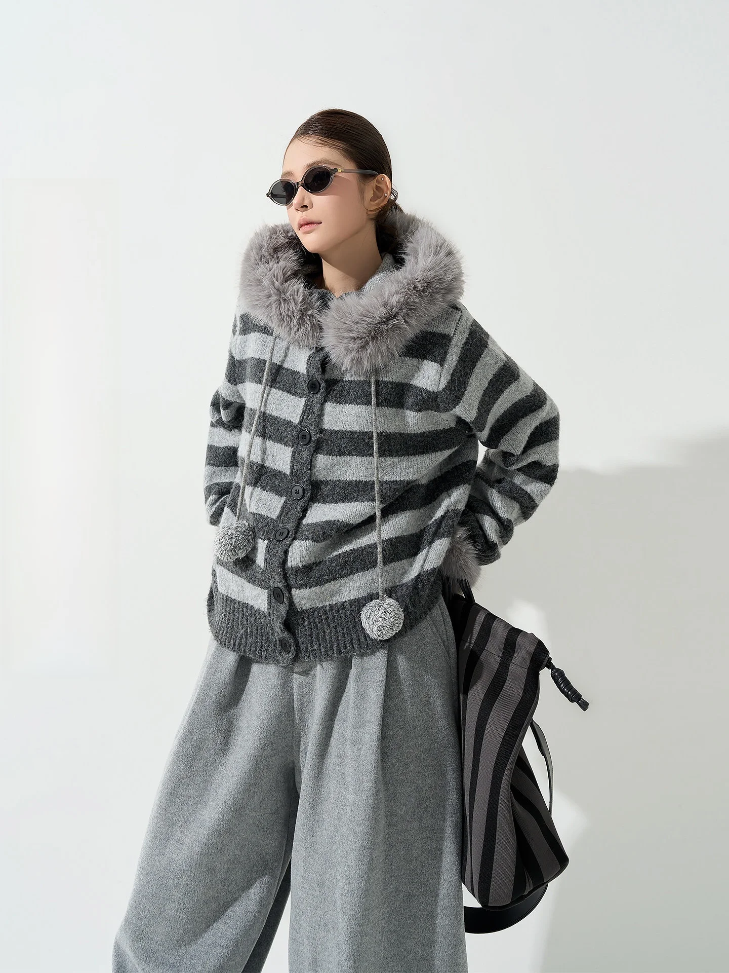 

Wutong ey Striped Fur Collar Long Sve Knitted Sweater Coat Women's Autumn Winter Loose Slimming Open Cardigan Top