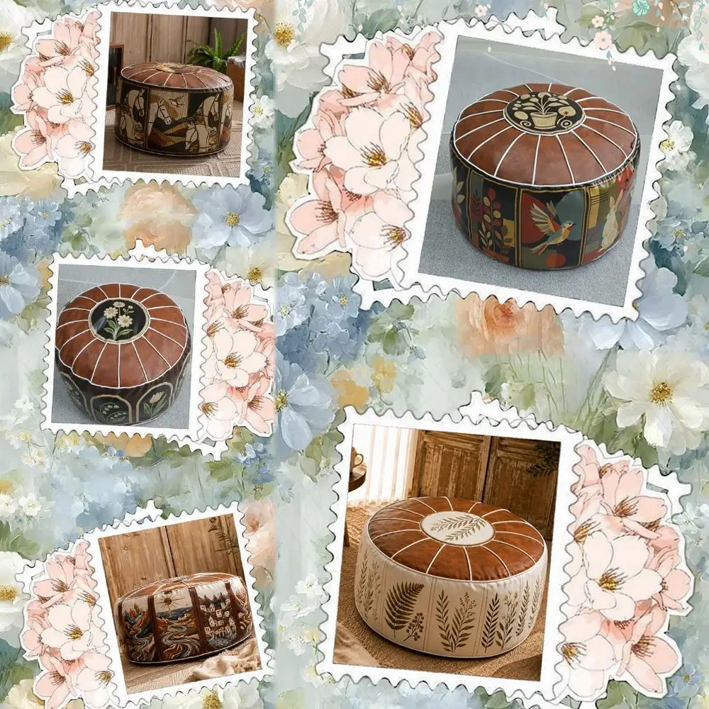 New Boho Pattern Ottoman Pouf PU Leather Large Opening Storage Ottoman Water Resistant Fillable Design Round Pouf Cover Home Use view 2