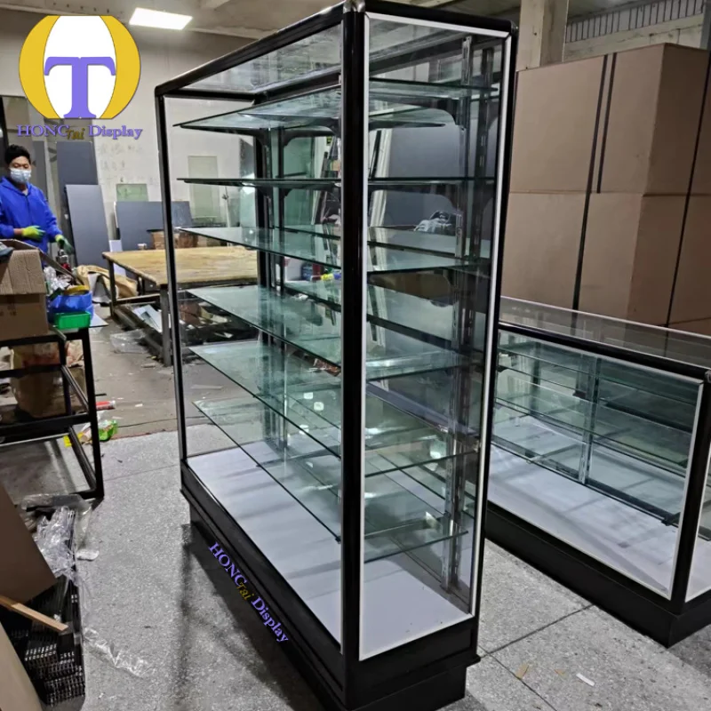 custom.New Design Wall Display Cases Glass Showcase Hot Selling Locking Front Aluminum Tempered Glass Colorful LED Strip L
