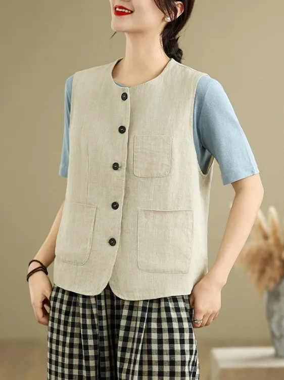 

Spring 2025 Women's Loose Cotton Linen Svel Vest Cardigan Sweet Sle round Ne Single Button Regular Thin