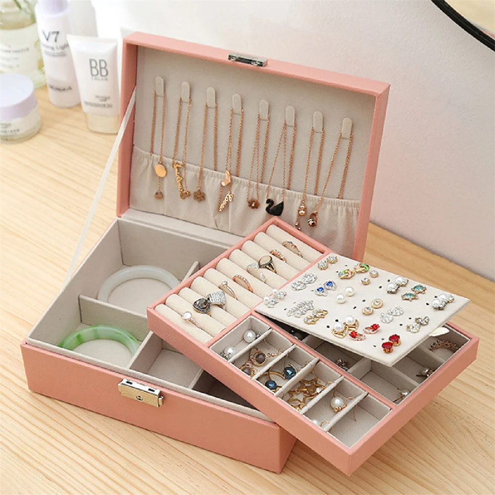 Double Layer Leather Jewelry Box Storage Box For Women's Earrings Ring Necklace Storage Box With Lock For Jewelry Box