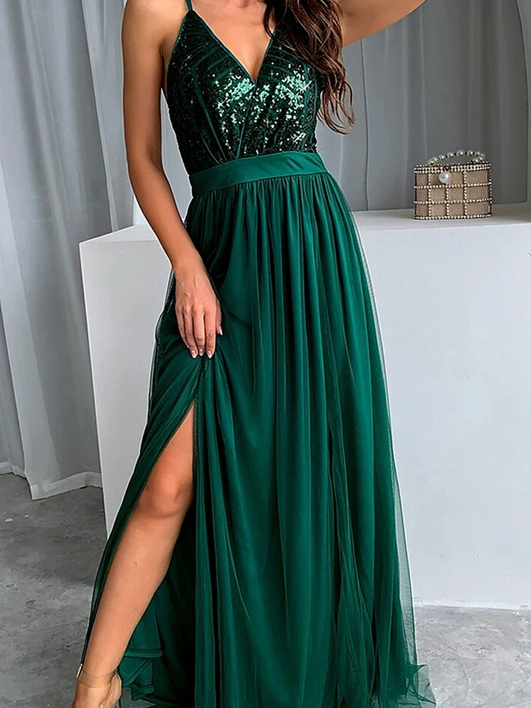 Fashion Split Splicing Slim Long Dress Elegant Wrap Hip V-neck Suspender Dress Women's Sexy Sleeveless Hight Waist Green Dress