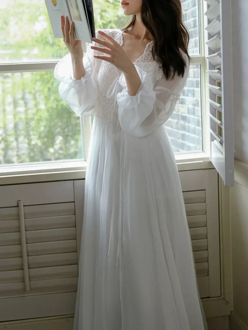 Princess Fairy Night Dress Robe French Morning Gown Lace Mesh Ruffles Vintage Sexy Two-piece Nightgown Female Spring Summer