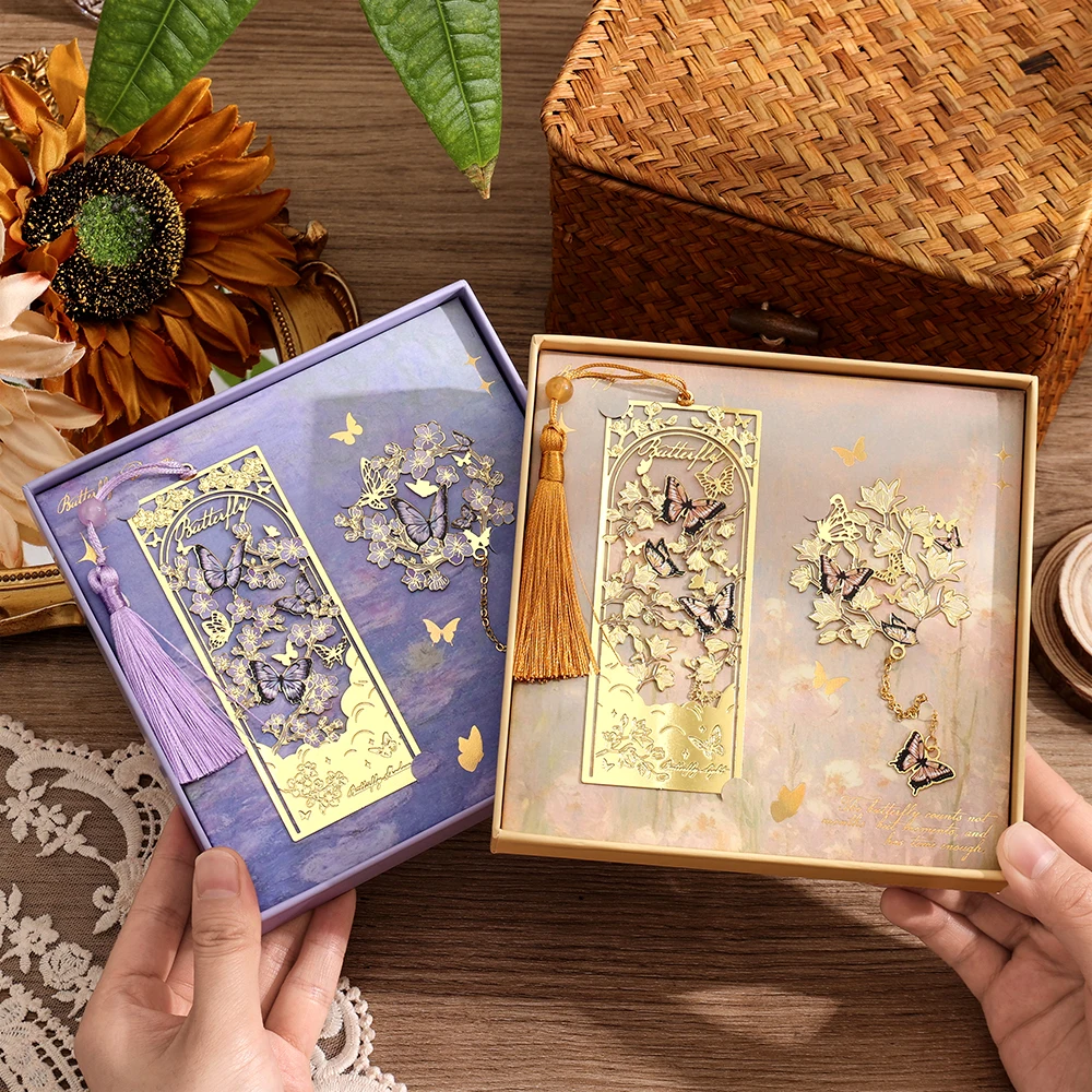 2 Pcs Butterfly Bookmarks With Metal Chain Vintage Golden Hollow Design For Book Lovers Reading Accessories Stationery Supplies