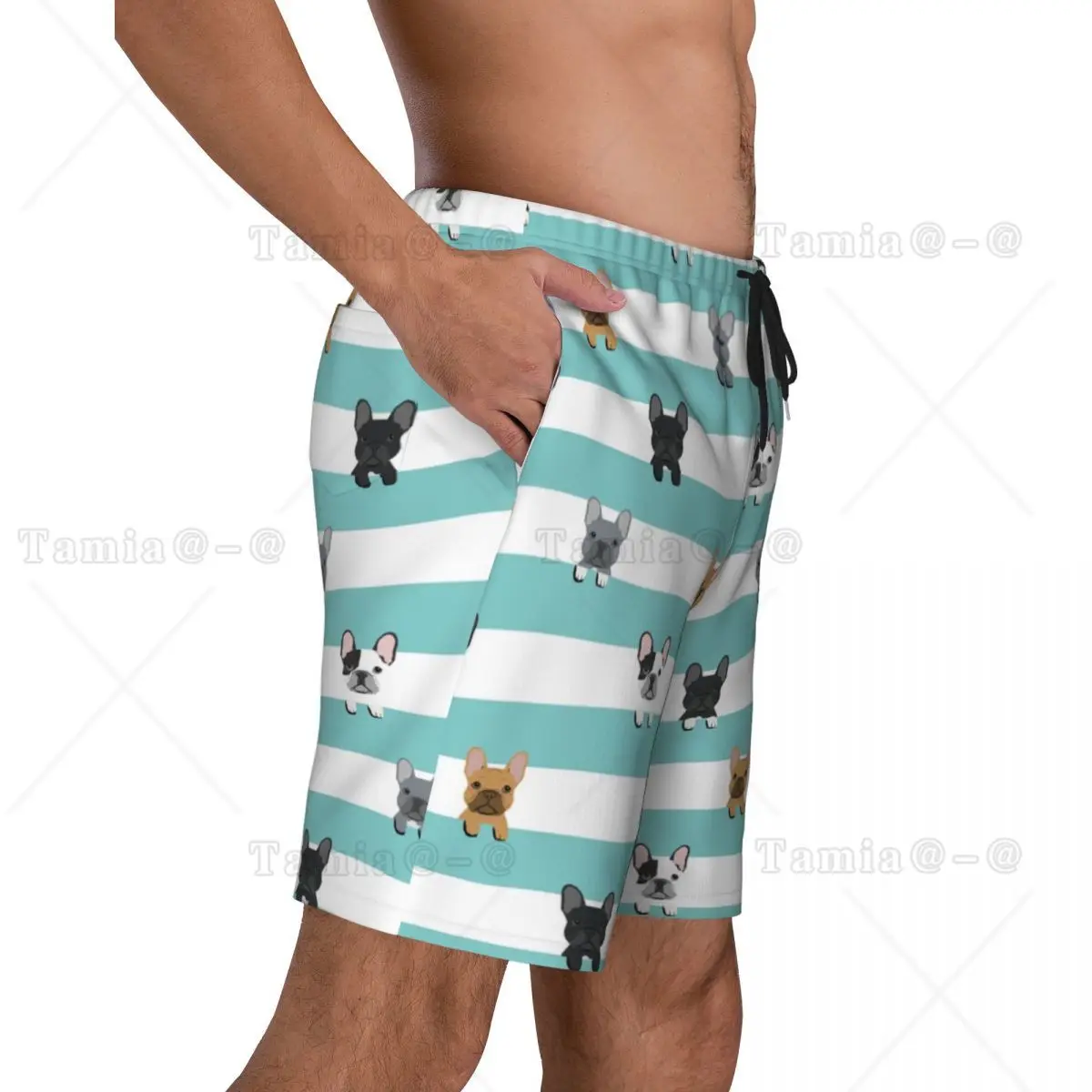 Kawaii French Bulldog Stripes Boardshorts Mens Quick Dry Board Shorts Pet Dog Swim Trunks Custom Printed Swimwear Suits