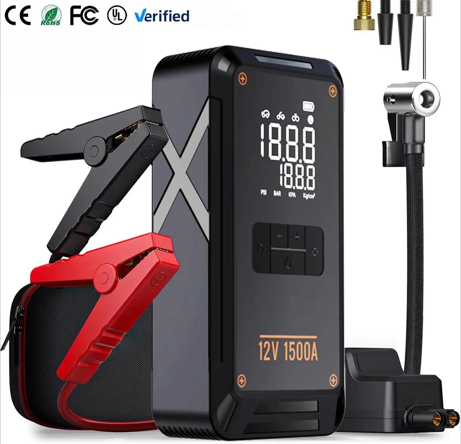 OEM/ODM Portable 6 in 1 12V 1500A Jump Starter Car Battery Booster Power Bank Charger  Digital Screen Tire Inflator with Light