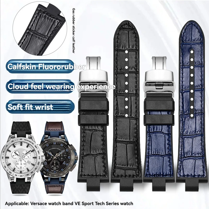 Para versace pulseira de relógio masculino fluororubber pulseira de relógio à prova dwaterproof água esporte verb0018 00218 pulseira de relógio de couro genuíno 24mm