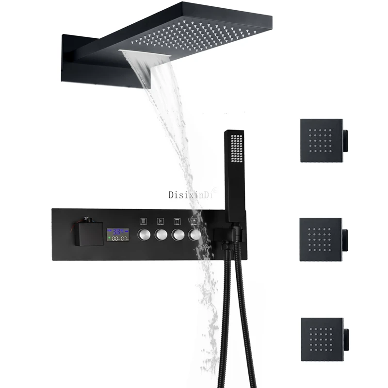 Wall Entry Type Rain Waterfall Shower Head Bathroom Brass Valve Mixer Shower Faucet With LED Digital Display Thermostat Set