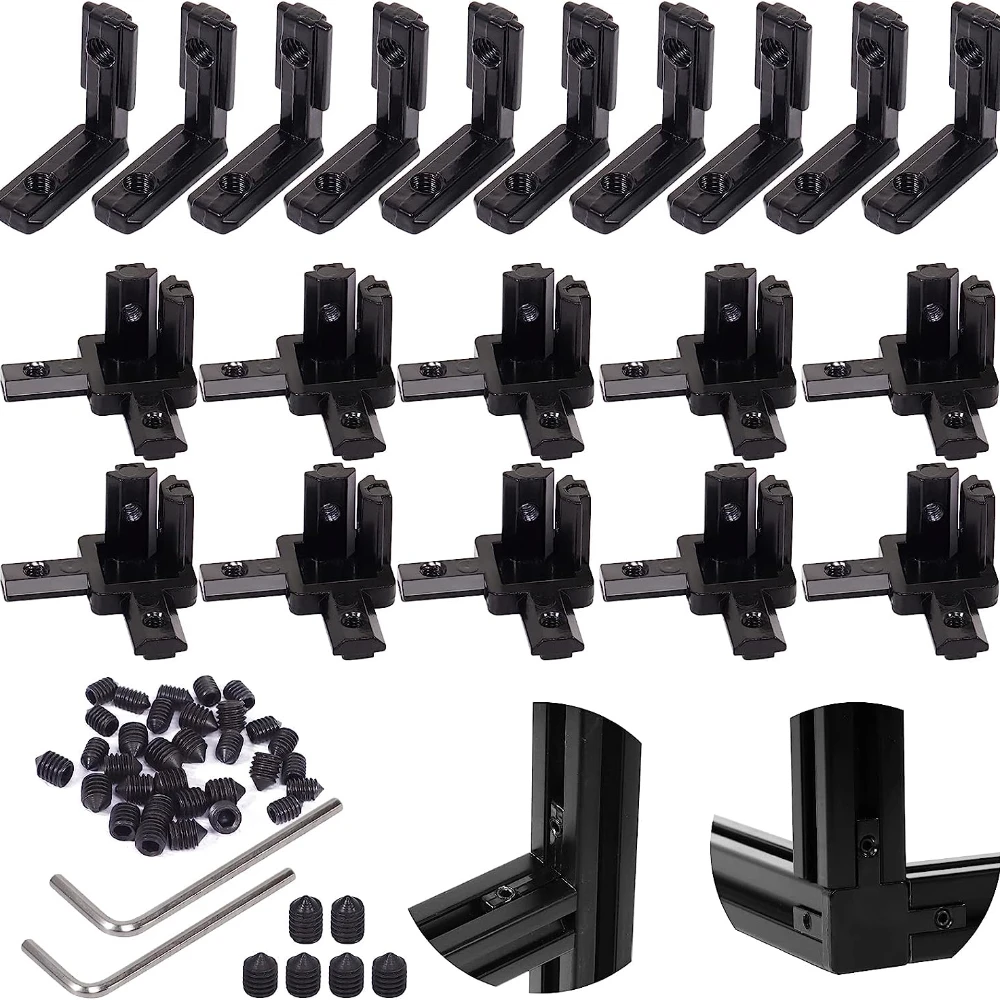 22Pcs 2020 Aluminum Extrusion Connectors 3-Way End Corner Bracket Connector Black T Slot L-Shape Interior Corner with Screws