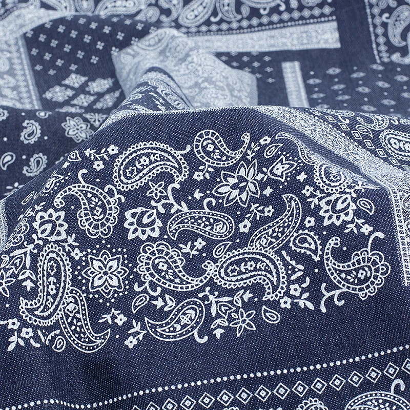 Blue Cashew Flower Ethnic Print Denim Fabric Washed Thick Material Handmade Jacket Pants Clothing Design Fabric