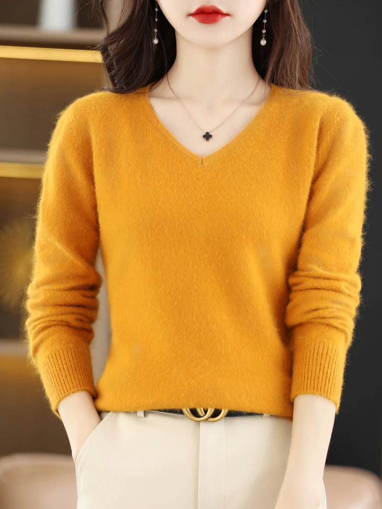 Mini Star Women's V-Neck 100% Mink Cashmere Pullovers Sweater Long Sleeve Knitwear Solid Basic Casual Autumn Winter Clothes Tops