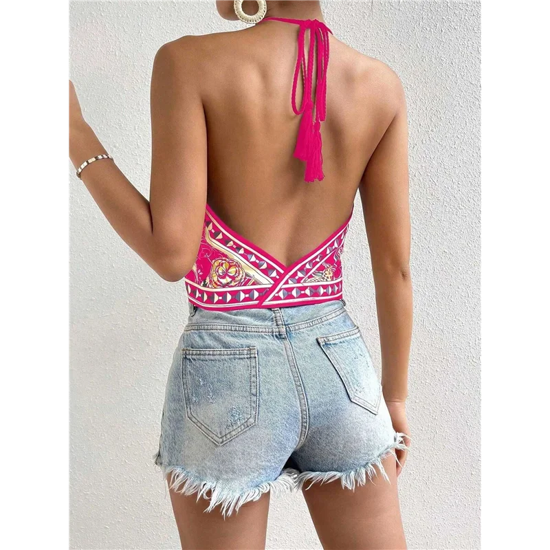 

CGS-Women's Floral Print Backless Halter Top Sleeveless Tie Knot Front Cami- Crop Tops
