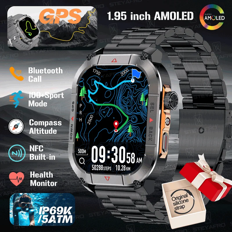 

2025 New GPS Outdoors Smart Watch 5ATM Waterproof 1.95 inch AMOLED Compass NFC Military 100+Sport Smartwatch Men For Android IOS