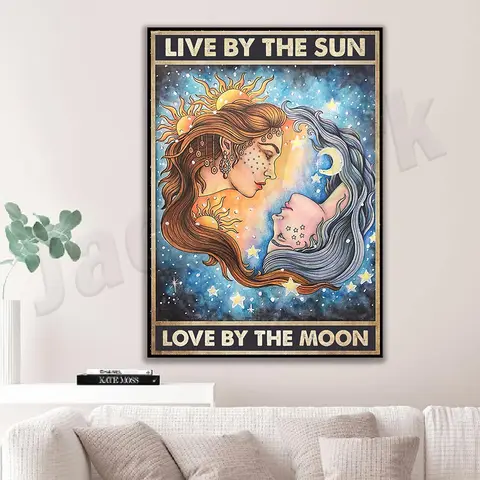 Live By The Sun Love By The Moon vintage poster, witch poster, moon poster gift, gift for her, female art, orb poster