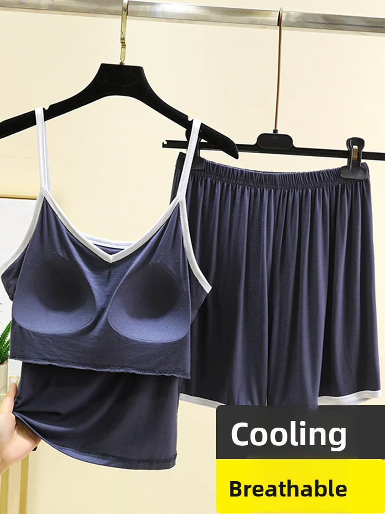 Modal Thin V-neck Women's Nightgown Set with Chest Pad Strap Home Clothes No Bra Two-piece Summer Home Clothes Set