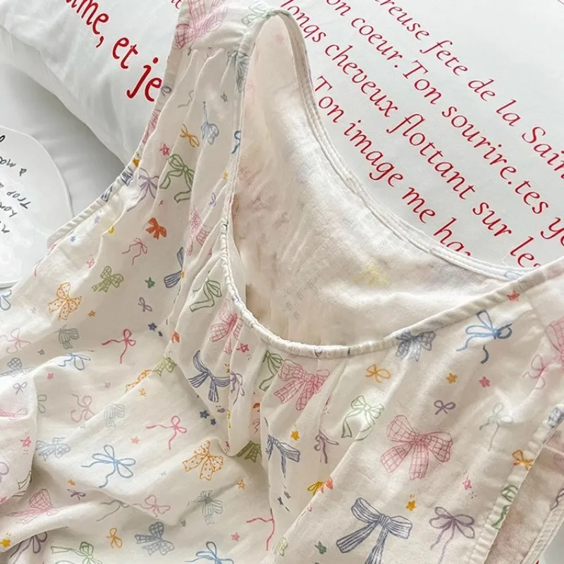 Cloud-Print Cotton Off-White Bow-Printed Sleeveless Tank Top and Shorts Pajama Set for Women, Plus Size, Cute Loungewear Style