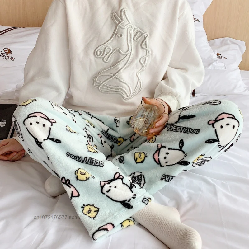 Sanrio Pochacco Plush Cotton Sleep Bottoms Cute Cartoon Flannel Sleeping Pants Women\'s Winter New Thicken Warm Casual Home Pants