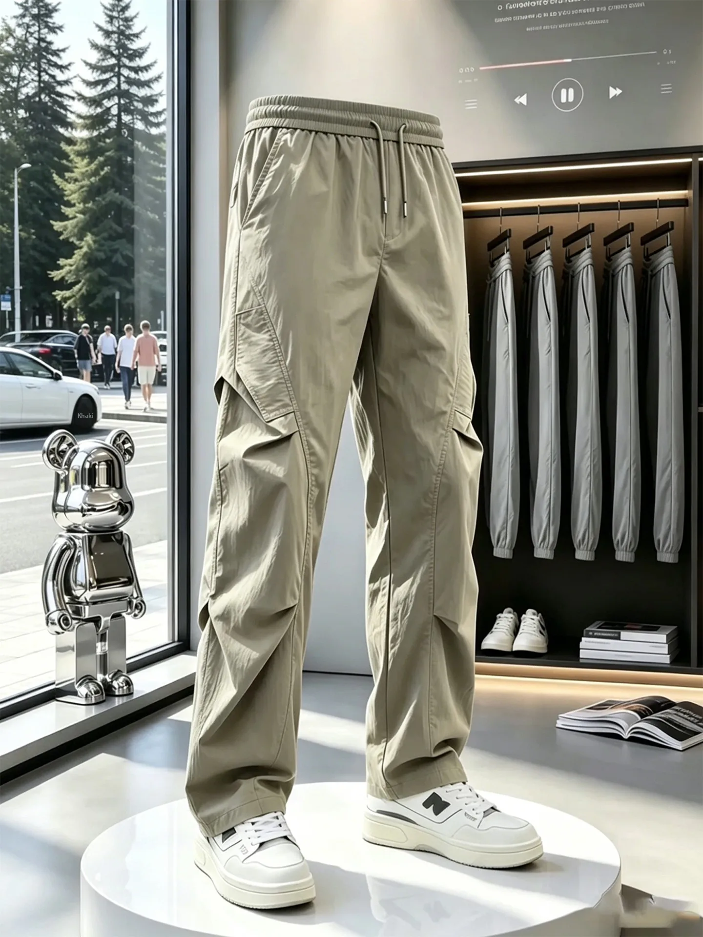 Khaki American Style Paratrooper Work Pants Men's Summer Thin Ice Silk Blade Pants Oblique Cut Quick Dry Sports  Pants