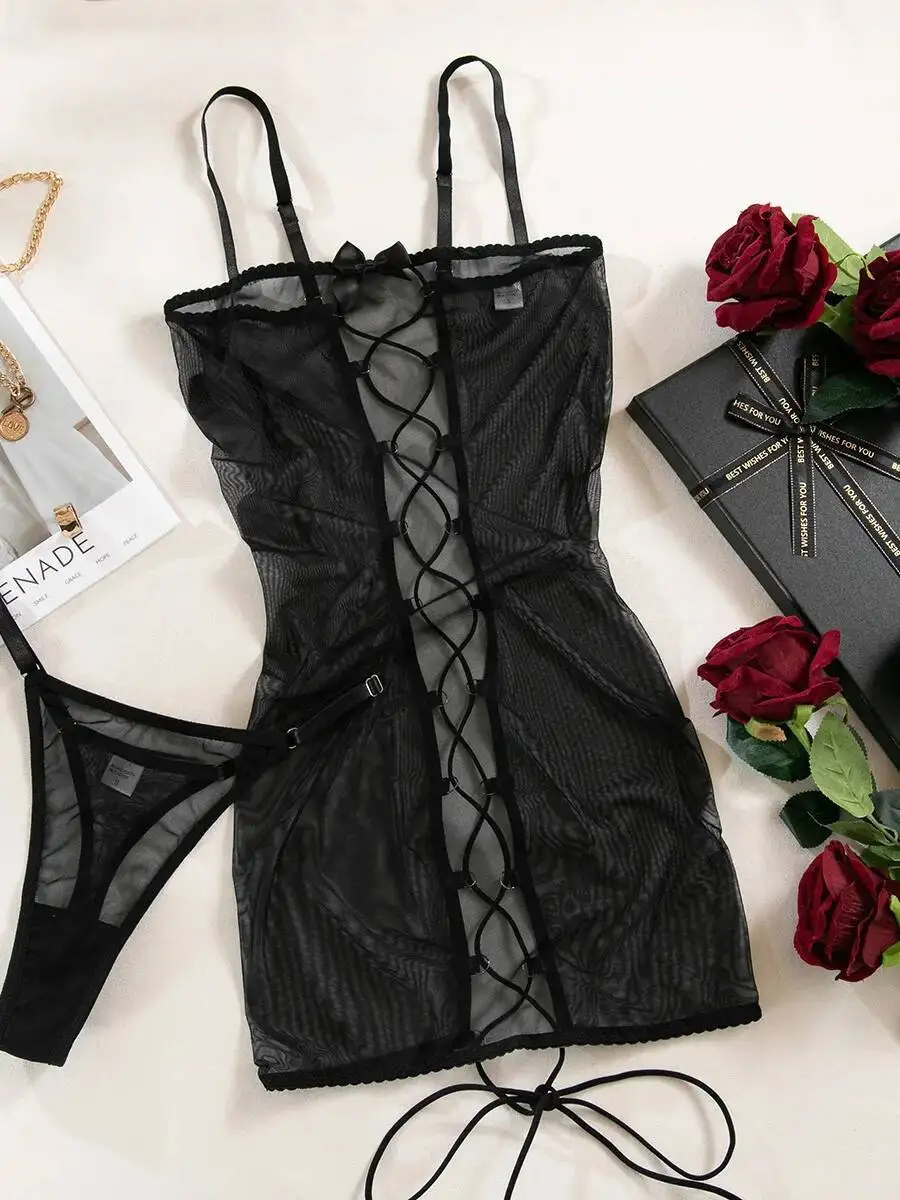 ヒョウ柄ストラップドレス魅力的なセクシーなネクタイ中空アウト透明純粋な欲望遊び心のあるスタイルドレスノースリーブちょう結びドレス 0IS3