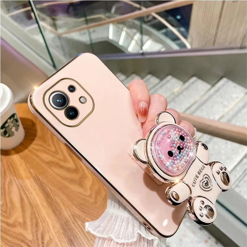 Cute Quicksand Bear Holder Plating Phone Case For Xiaomi Mi 12T 11T 12 13 10 11 Lite Mi13 13 Pro 13Lite 5G 8 9 9T Stand Cover