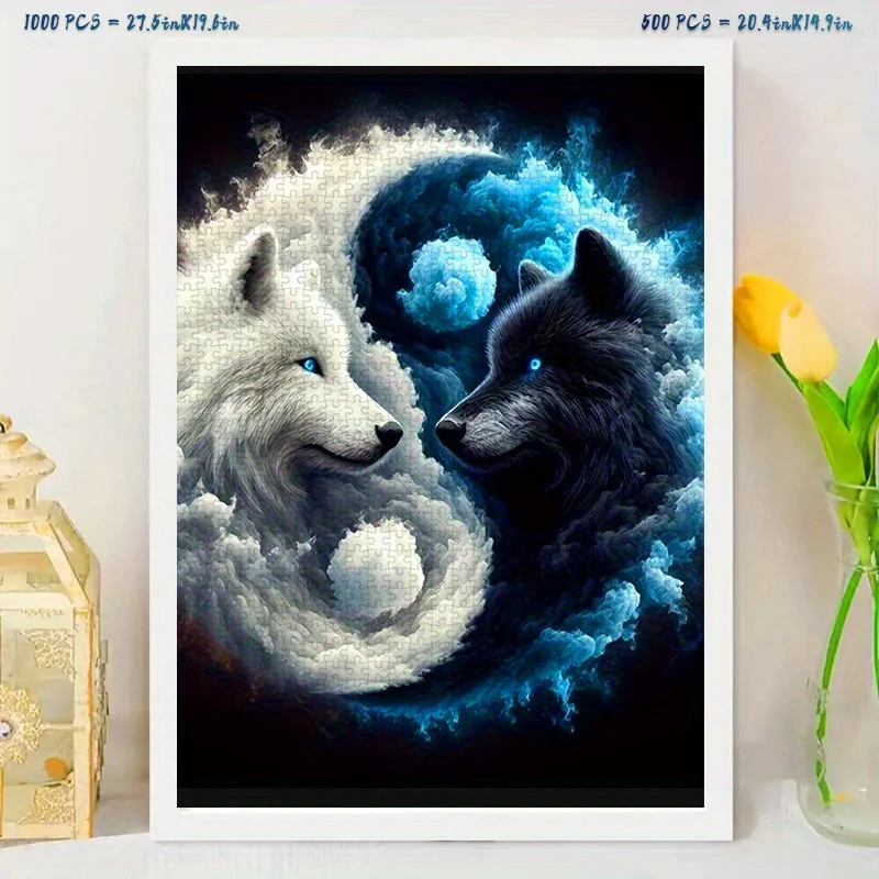 Puzzle 500/1000 pièces, Puzzle en papier pour bricolage, loup noir et blanc, motif Taiji, peinture abstraite artistique, Puzzle pour adultes, adapté pour H