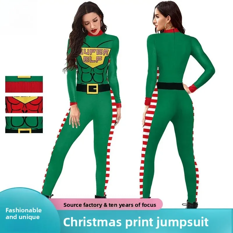 

2025 Autumn Print Christmas New Carnival Play Jumpsuit Muscle Tights Performance Clothing