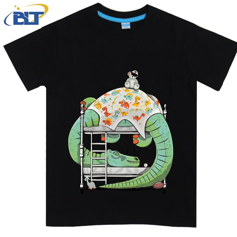 Cute Dinosaur Brachiosaurus sleeping in Bed Bedtime Bedroom Printed kids Tshirt Summer children's cotton top casual a maniche corte