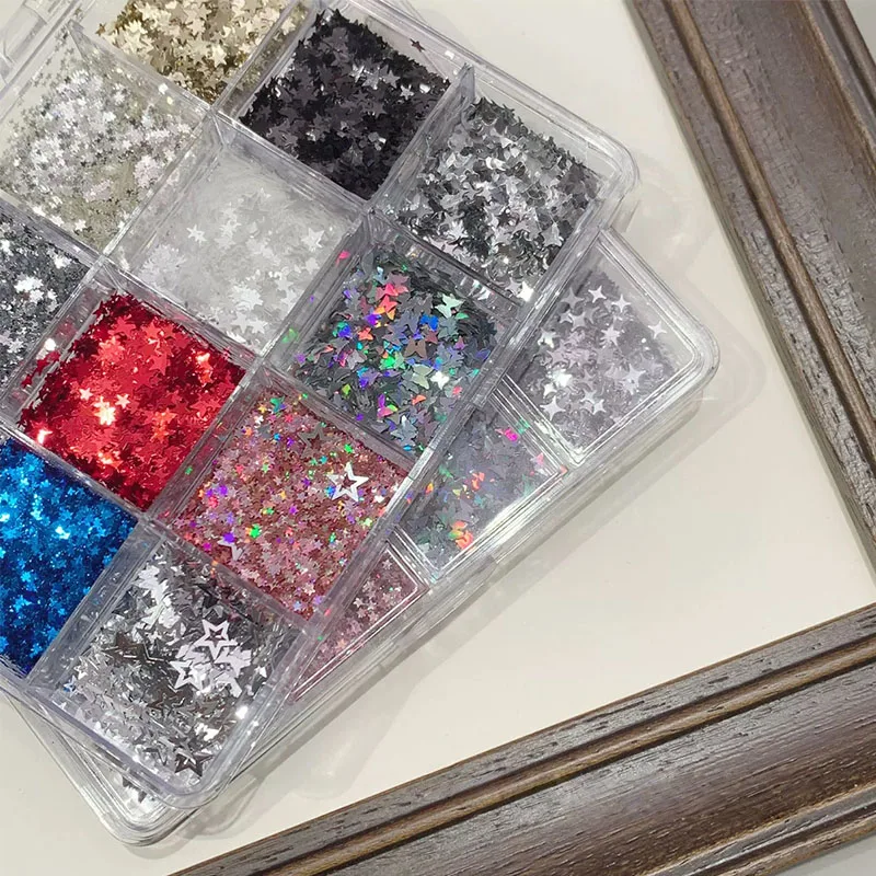 12-grid star, butterfly, and starburst mixed nail art glitter, DIY nail decorations, nail art embellishments, nail art charm