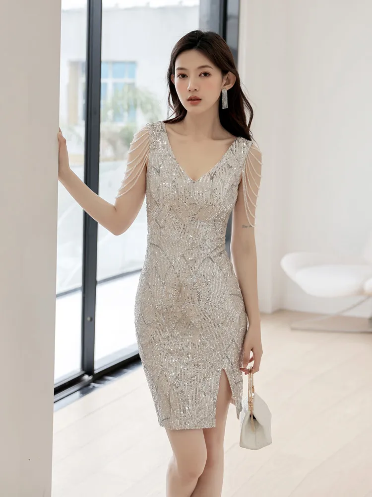 

Faionable Silver Sequin ort Dr Women's Summer Evening Gown Ele Capri Length Cotail Par High-End Tassel