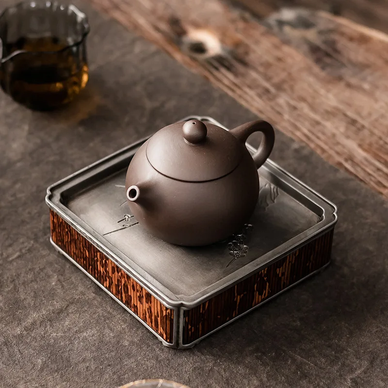 - Handmade Pure Tin Meifei Bamboo Tea Pot Holder, Chinese Style Water Storage Tea Tray, Traditional Gongfu Tea Accessory