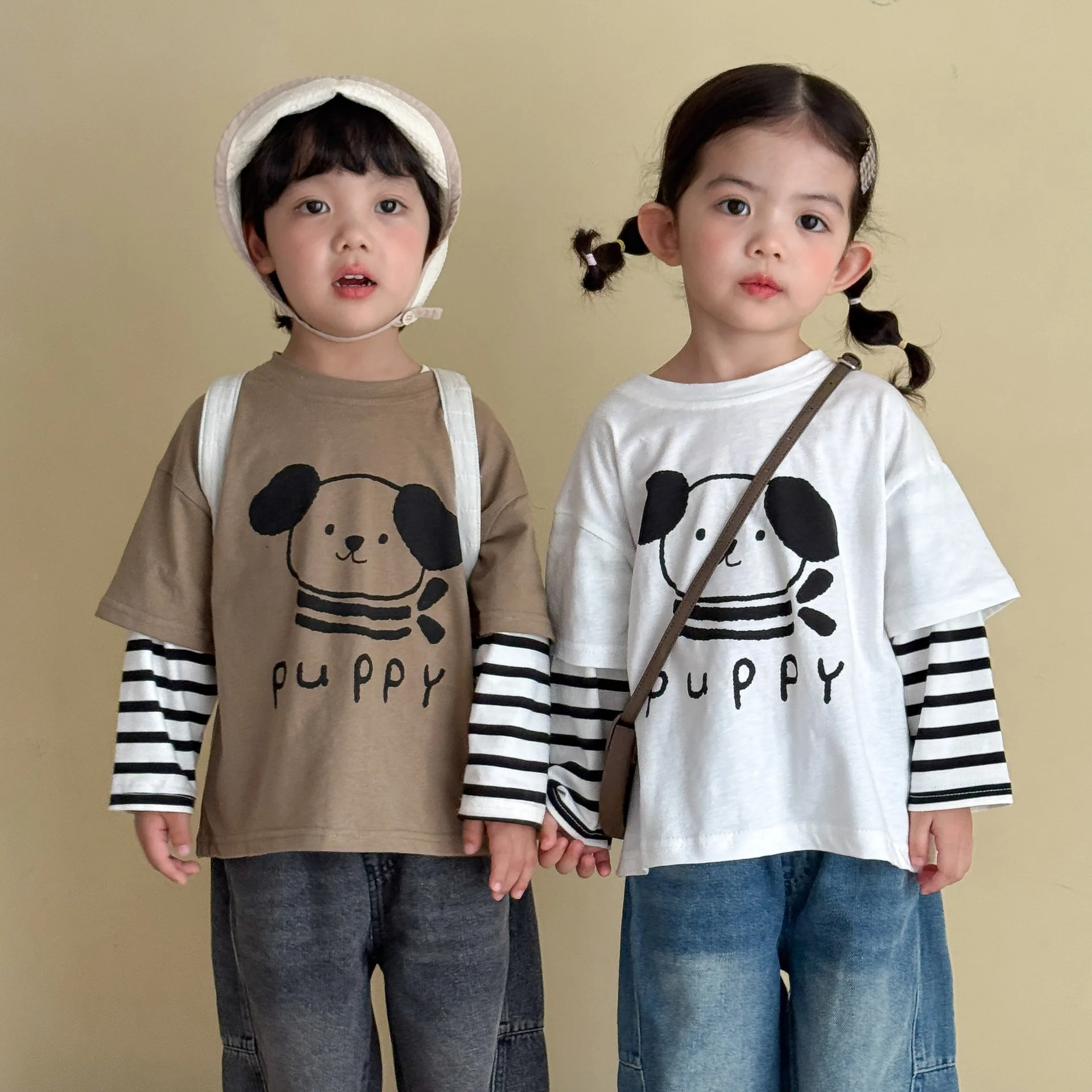 2026 Autumn New Children Long Sleeve T Shirts Cotton Girls Cartoon Print Tee Boys Fashion Striped Splicing Tops Kids Clothes
