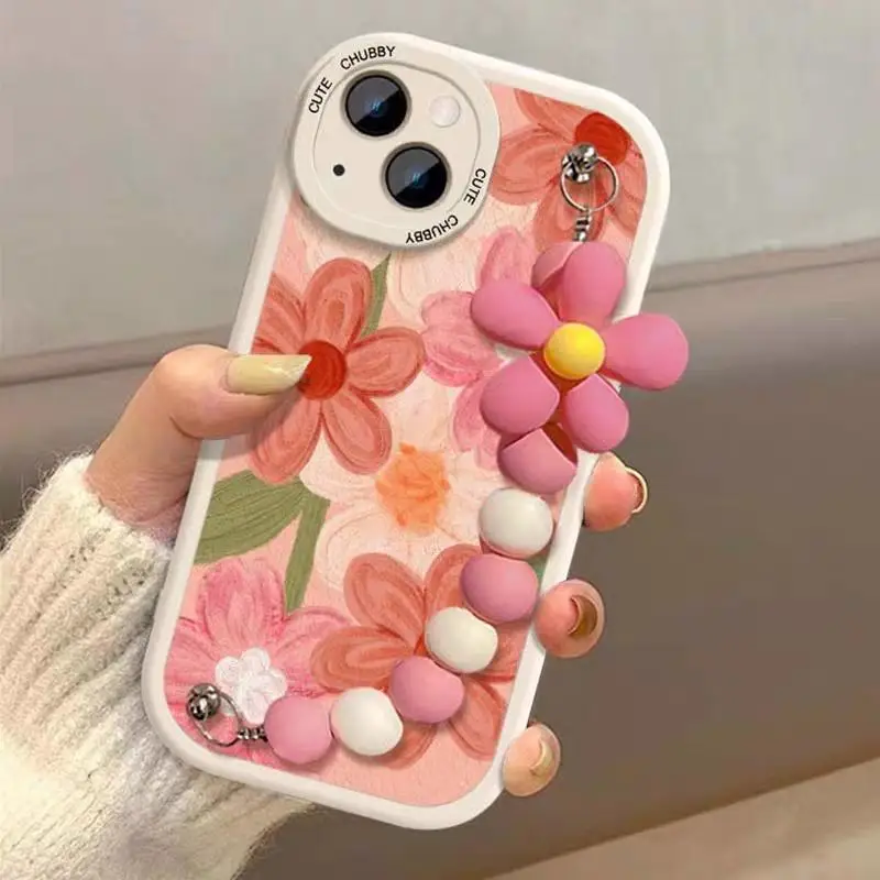 Case Voor Xiaomi Mi 11 Lite 5G Ne 11T 9T 10 12 12S 10T Pro 9 8 Se Poco X4 Gt X3 Nfc Bloem Zachte Siliconen Hoes Met Polsketting