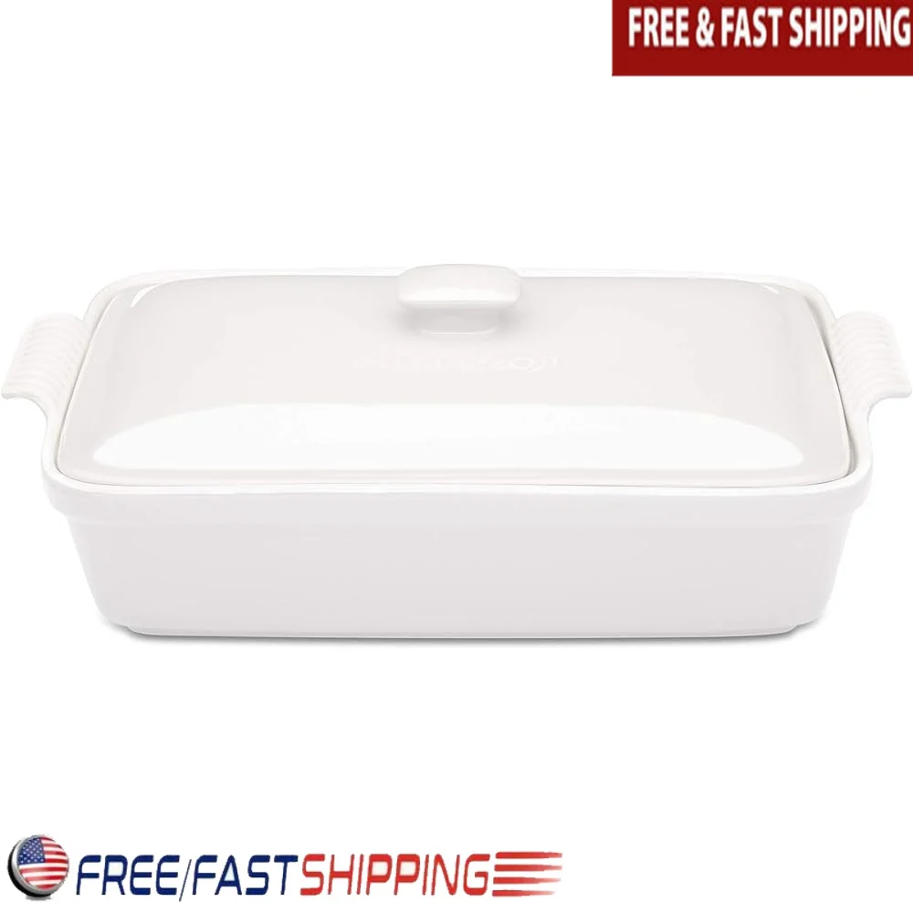 

Stoneware Casserole Dish Bakeware Set with Lid Covered Rectangular Dinnerware Extra Large 4.23 Quart 13 by 9 Inch Bianco [White]