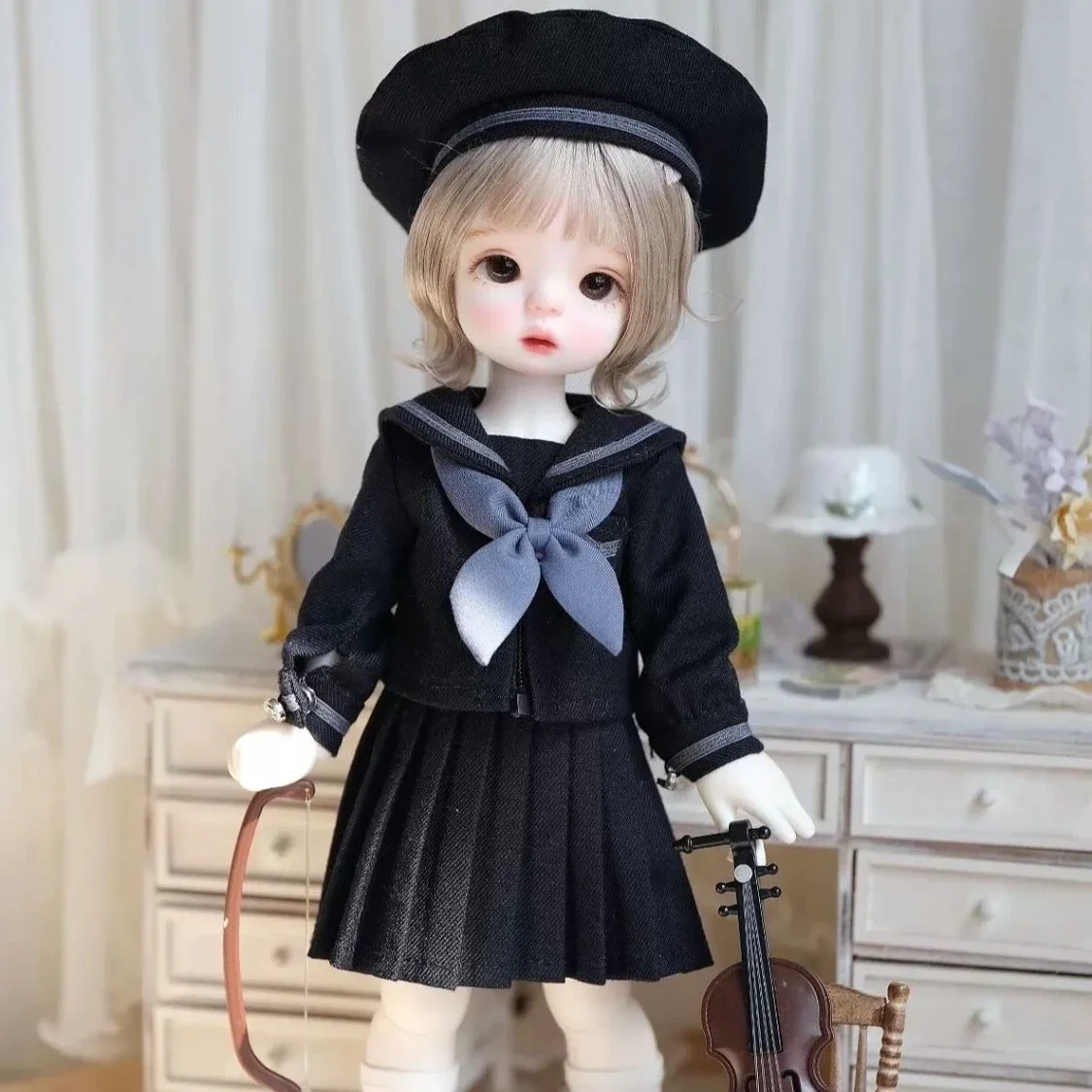 1/6 1/4 Puppenkleidung Anzug JK Set für 30/45 cm Bjd Puppe Top + Rock + Krawatte + Hut Mädchen Spielzeug Dress Up Spielhaus Puppenzubehör, keine Puppe