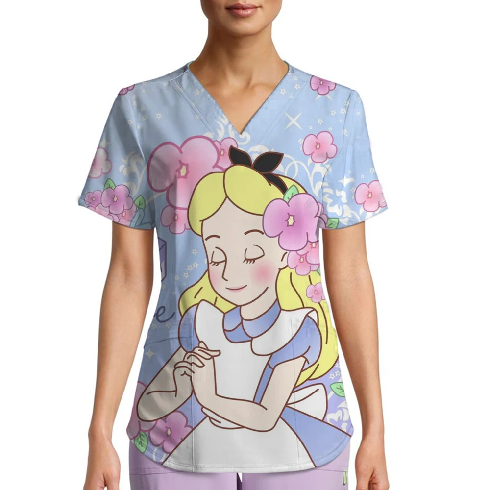 

Disney Princess Moana Print V-Neck Print Scrub Top Short Sleeve Top Hospital Nurse Caregiver Pet Shop Work Uniform