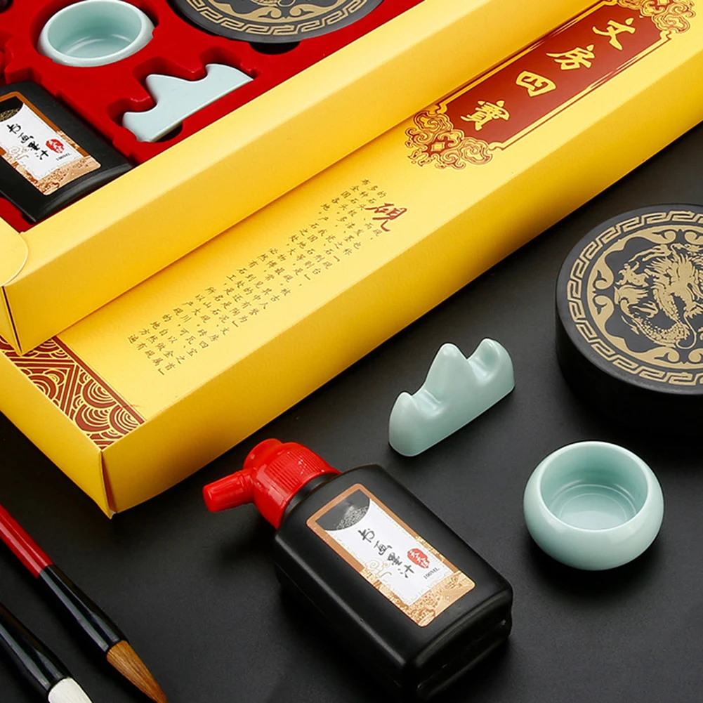 Chinese Calligraphy Set Chinese Calligraphy Writing Brushes Ink Stick Stone Stamp Set Calligraphy Training Supplies with Box